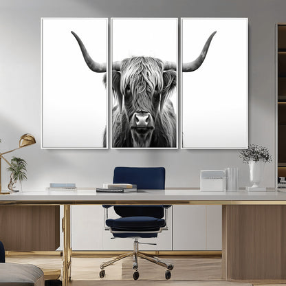 49556-MGV-FC-48X32-3P_White-Highland Cow Wall Art – Black and White Scottish Highland Cattle Print, Rustic Farmhouse Minimalist Animal Portrait Canvas for