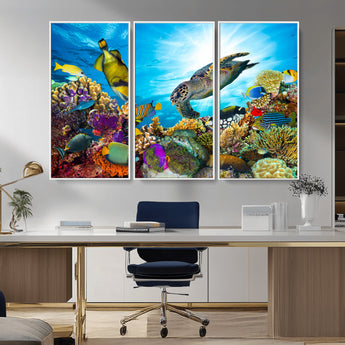 44772-MGV-CV-36X24-Underwater Sea Turtle Wall Art – Vibrant Coral Reef and Tropical Fish Canvas Print, Ocean Marine Life Decor for Living Room,