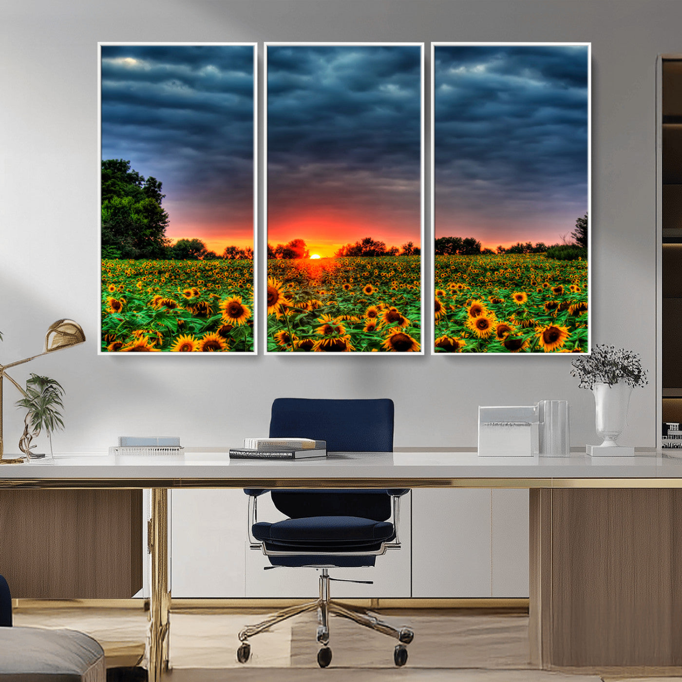 45045-MGV-FC-48X32-3P_White-Sunflower Field Sunset Wall Art – Dramatic Stormy Sky Landscape Print, Vibrant Yellow Floral Nature Canvas for Living Room,