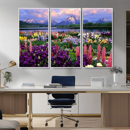 82270-MGV-CV-36X24-Colorful Wildflower Meadow Landscape Wall Art – Snow-Capped Mountain Lake Sunset Print, Vibrant Nature Artwork for Living Room,