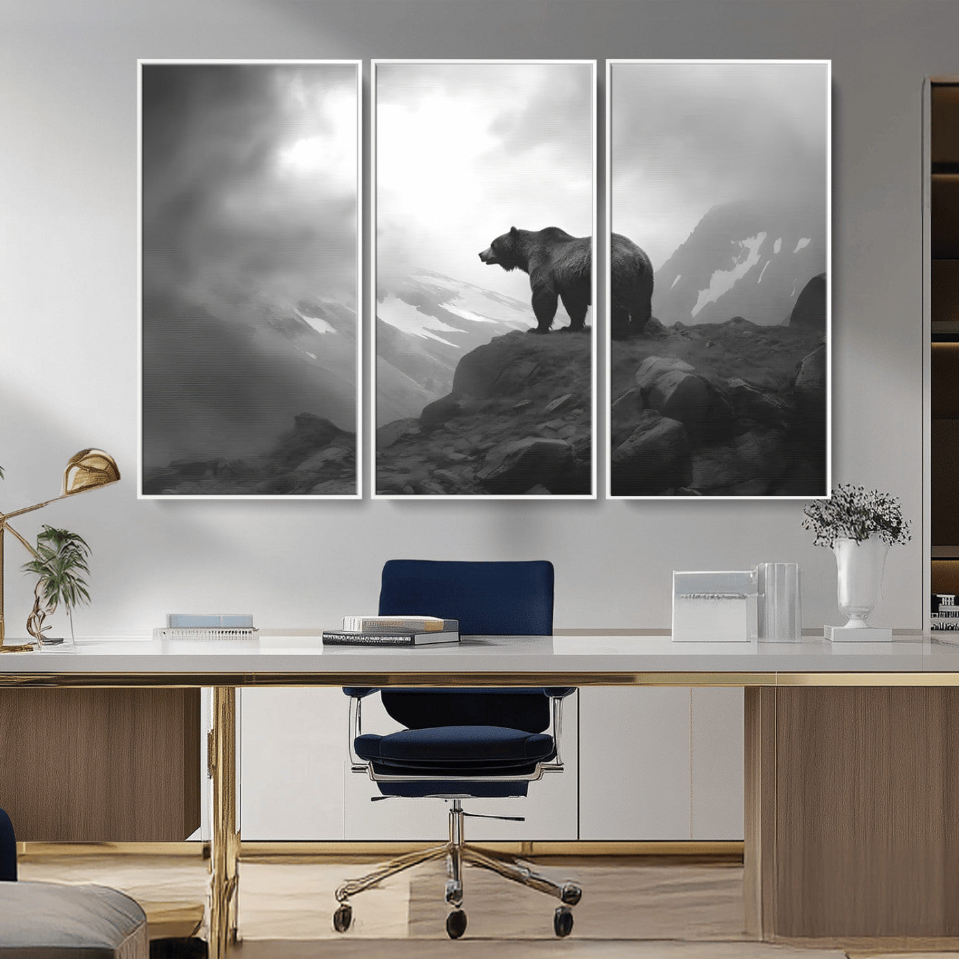 49504-MGV-CV-36X24-Black and White Grizzly Bear Wall Art – Wilderness Wildlife Painting, Rustic Mountain Cabin Decor, Monochrome Animal Print for