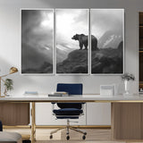 49504-MGV-CV-36X24-Black and White Grizzly Bear Wall Art – Wilderness Wildlife Painting, Rustic Mountain Cabin Decor, Monochrome Animal Print for