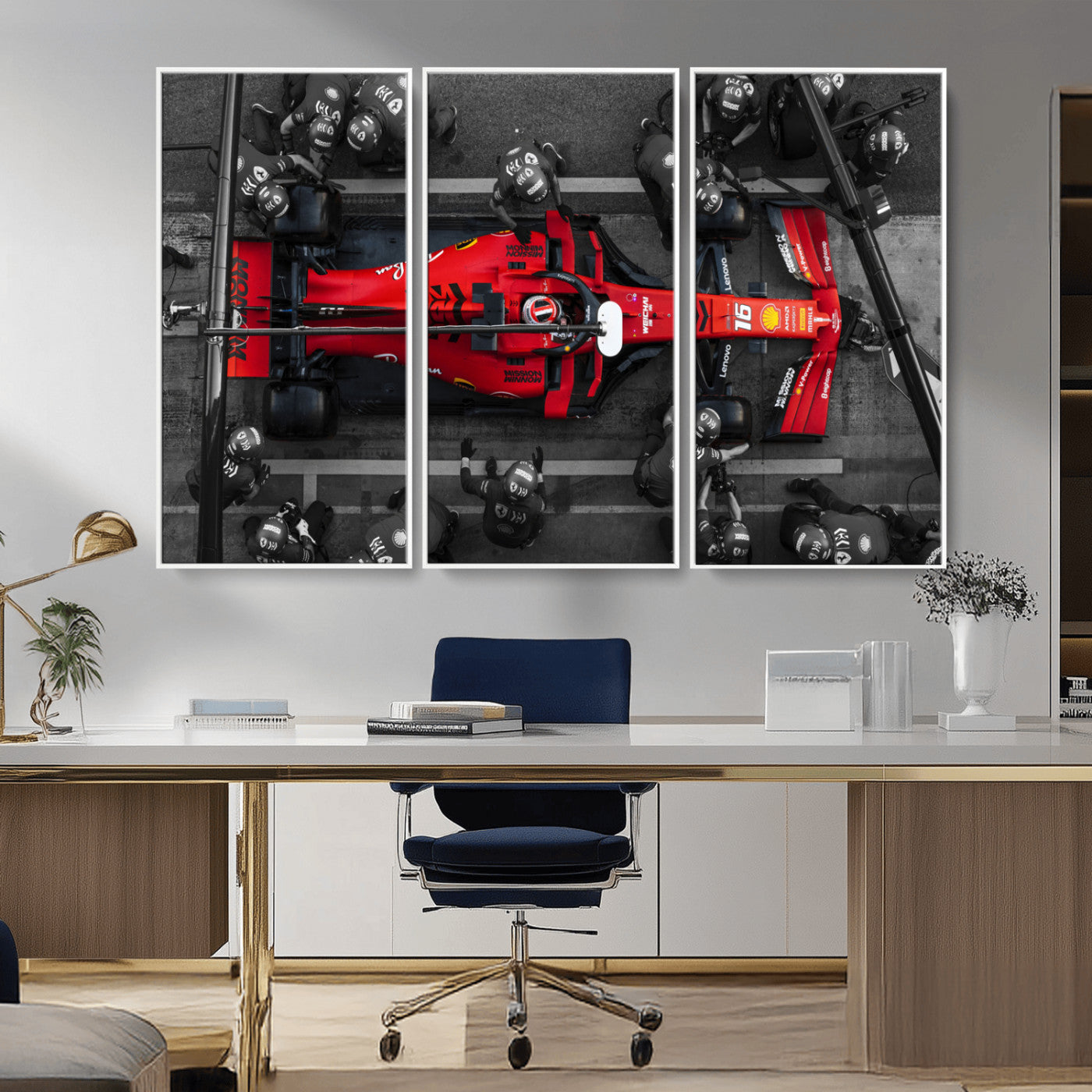 99356-MGV-FC-48X32-3P_White-Ferrari Pit Stop Wall Art – Formula 1 Racing Car Canvas Print, Red Speed Machine Motorsport Decor for Office, Garage, Man Cave or