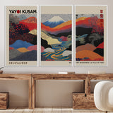 49228-MGV-FC-93X47-3P_Black-Kusama Wall Art – Vibrant Japanese Landscape Canvas Print, Modern Abstract Mountain and River Decor for Living Room, Office or Art