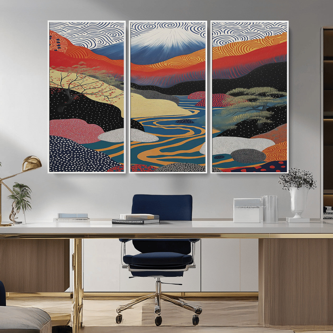 22313-MGV-CV-36X24-Yayoi Kusama Wall Art – Abstract Mount Fuji Landscape Canvas Print, Vibrant Japanese Nature Scene with River, Mountains and Sky