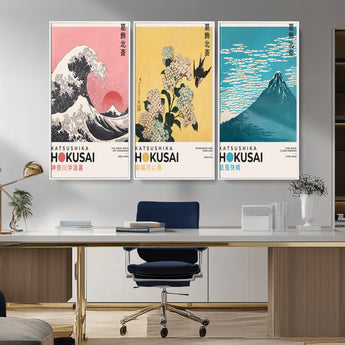Katsushika-MGV-CV-36X24-Katsushika Hokusai Wall Art Set – The Great Wave, Hydrangea and Swallow, Fine Wind Canvas Prints, Japanese Ukiyo e Style Home and