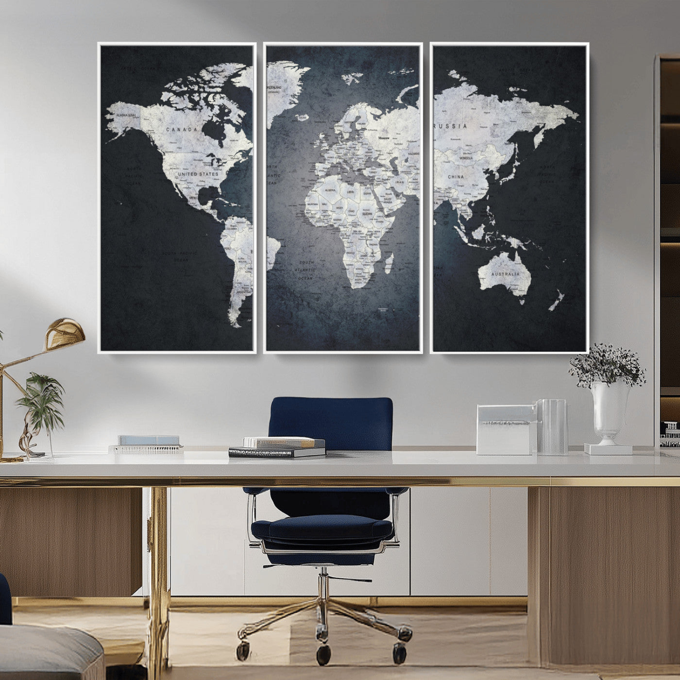 19124-MGV-CV-36X24-Modern World Map Wall Art – Black and White Canvas Print, Minimalist Global Map Decor for Office, Study, Bedroom or Living Room