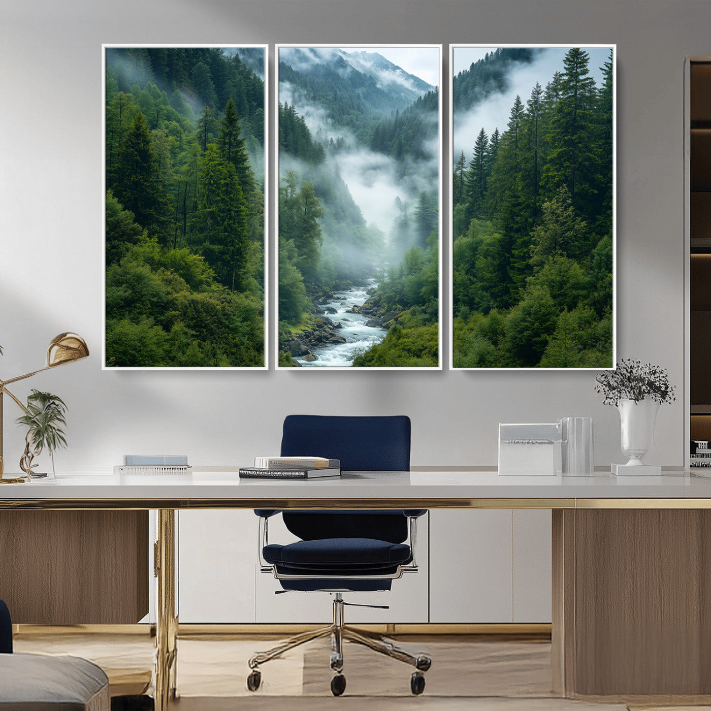 69453-MGV-CV-36X24-Mountain Forest Wall Art – Misty River and Evergreen Landscape Canvas Print, Nature Photography Poster for Living Room, Bedroom,