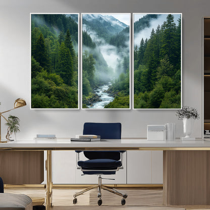 69453-MGV-CV-36X24-Mountain Forest Wall Art – Misty River and Evergreen Landscape Canvas Print, Nature Photography Poster for Living Room, Bedroom,