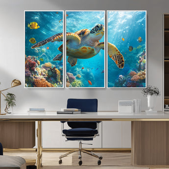 37623-MGV-CV-36X24-Sea Turtle Wall Art – Underwater Ocean Canvas Print with Coral Reef and Tropical Fish, Marine Life Painting Poster for Living