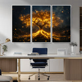60194-MGV-CV-36X24-Glowing Tree Wall Art – Golden Roots Fantasy Canvas Print, Mystical Illuminated Tree Painting Poster for Living Room, Bedroom,