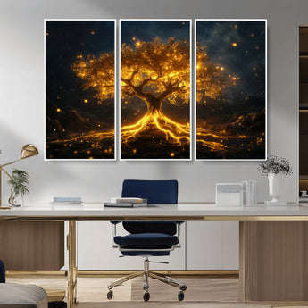 60194-MGV-CV-36X24-Glowing Tree Wall Art – Golden Roots Fantasy Canvas Print, Mystical Illuminated Tree Painting Poster for Living Room, Bedroom,