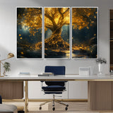 92739-MGV-CV-36X24-Glowing Tree Wall Art – Enchanted Golden Forest Canvas Print, Mystical Illuminated Nature Painting Poster for Living Room,