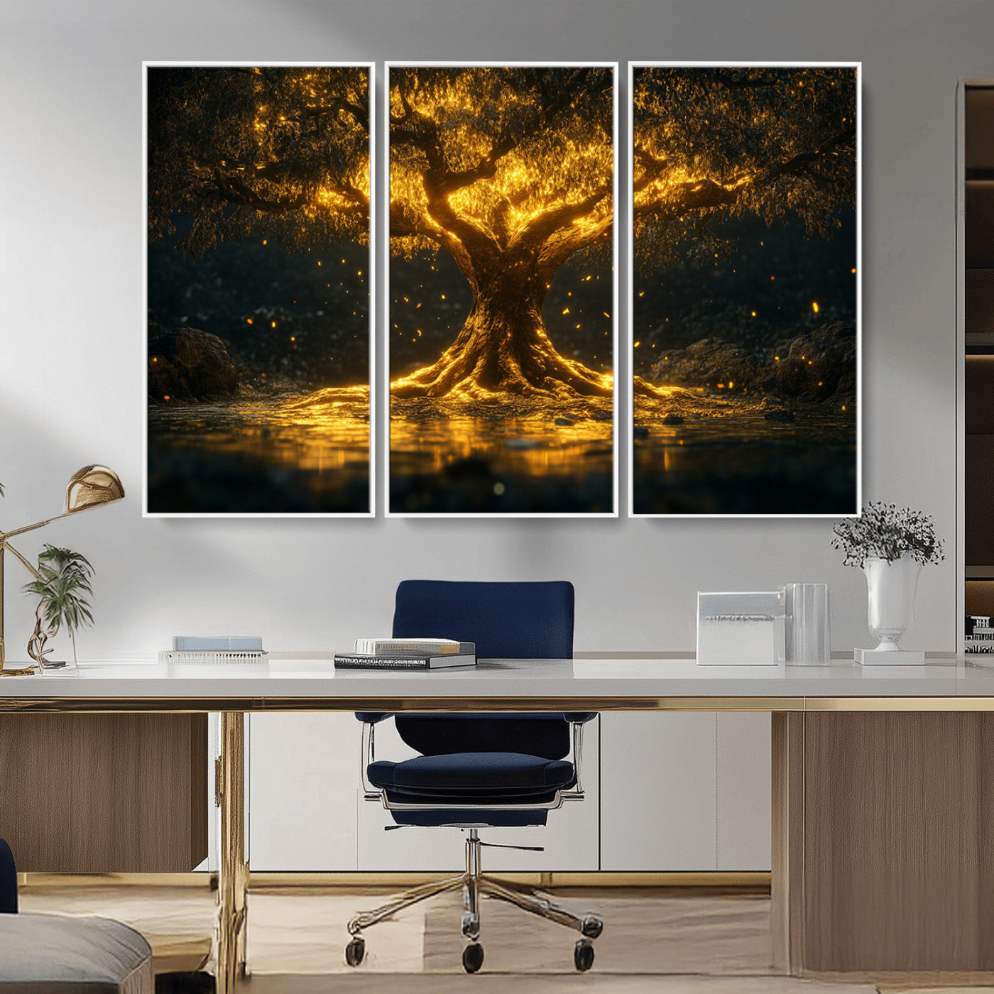 59580-MGV-CV-36X24-Glowing Tree Wall Art – Golden Fantasy Nature Canvas Print, Mystical Illuminated Tree Painting Poster for Living Room, Bedroom,