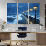 32668-MGV-CV-36X24-Stormy Pier Wall Art – Ocean Waves and Street Lamps Canvas Print, Rainy Night Seascape Oil Painting Poster for Living Room,