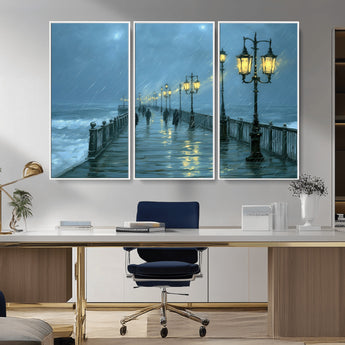 79606-MGV-CV-36X24-Rainy Pier Night Wall Art – Ocean Waves and Street Lamps Canvas Print, Moody Seascape Oil Painting Poster for Living Room,