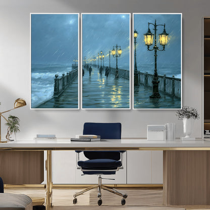 79606-MGV-CV-36X24-Rainy Pier Night Wall Art – Ocean Waves and Street Lamps Canvas Print, Moody Seascape Oil Painting Poster for Living Room,