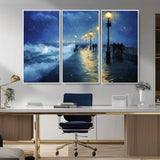 94571-MGV-CV-36X24-Seaside Night Wall Art – Ocean Waves and Street Lamps Canvas Print, Rainy City Pier Oil Painting Poster for Living Room, Bedroom,