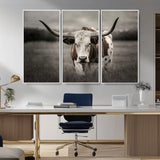 69238-MGV-CV-36X24-Longhorn Bull Wall Art – Rustic Black and White Texas Cattle Canvas Print, Western Farmhouse Animal Photography for Living Room,