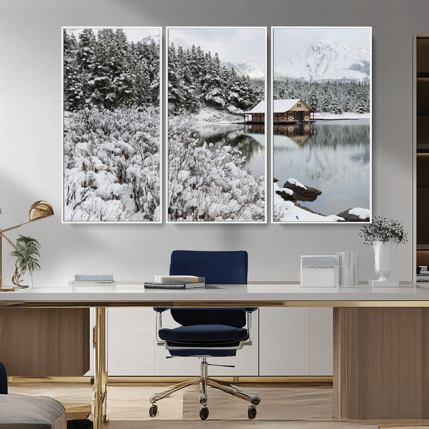 94285-MGV-CV-36X24-Snowy Cabin Wall Art Canvas Print, Framed Winter Cabin Art Picture Print, Mountain Lake Perfect Snowy Nature Decor Artwork