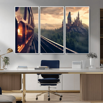 84029-MGV-CV-36X24-Fantasy Castle Wall Art – Magical Train Sunset Forest Canvas Print, Enchanted Landscape Painting Poster for Living Room, Bedroom,