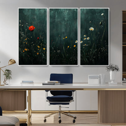26218-MGV-CV-36X24-Wildflower Wall Art – Dark Botanical Floral Canvas Print, Modern Nature Painting Poster with Daisy Poppy Yellow Flowers for Living