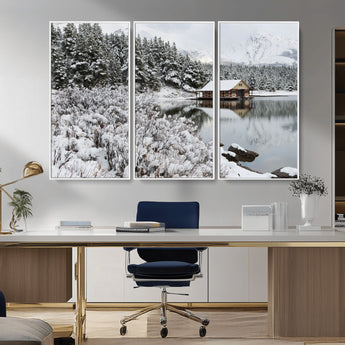 29975-MGV-FC-48X32-3P_White-Winter Cabin by the Lake Wall Art – Snowy Mountain Landscape Canvas Print, Rustic Lodge Cabin Decor for Cozy Living Room, Bedroom