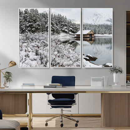 29975-MGV-FC-48X32-3P_White-Winter Cabin by the Lake Wall Art – Snowy Mountain Landscape Canvas Print, Rustic Lodge Cabin Decor for Cozy Living Room, Bedroom