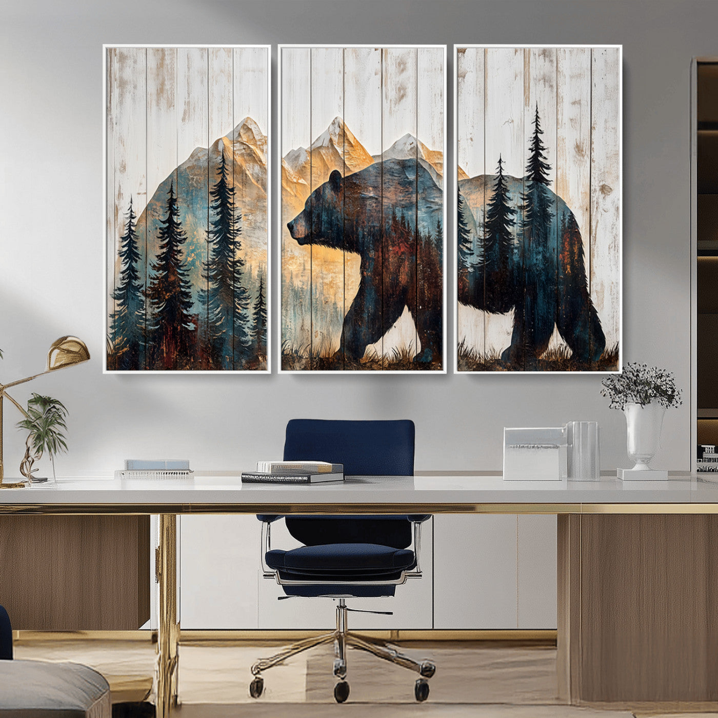 90077-MGV-CV-36X24-Wood Grizzly Bear Wall Art Canvas Print, Framed Abstract Bear Art Picture Print, Bear in Forest Perfect Rustic Lodge Decor Artwork