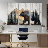 90077-MGV-CV-36X24-Wood Grizzly Bear Wall Art Canvas Print, Framed Abstract Bear Art Picture Print, Bear in Forest Perfect Rustic Lodge Decor Artwork