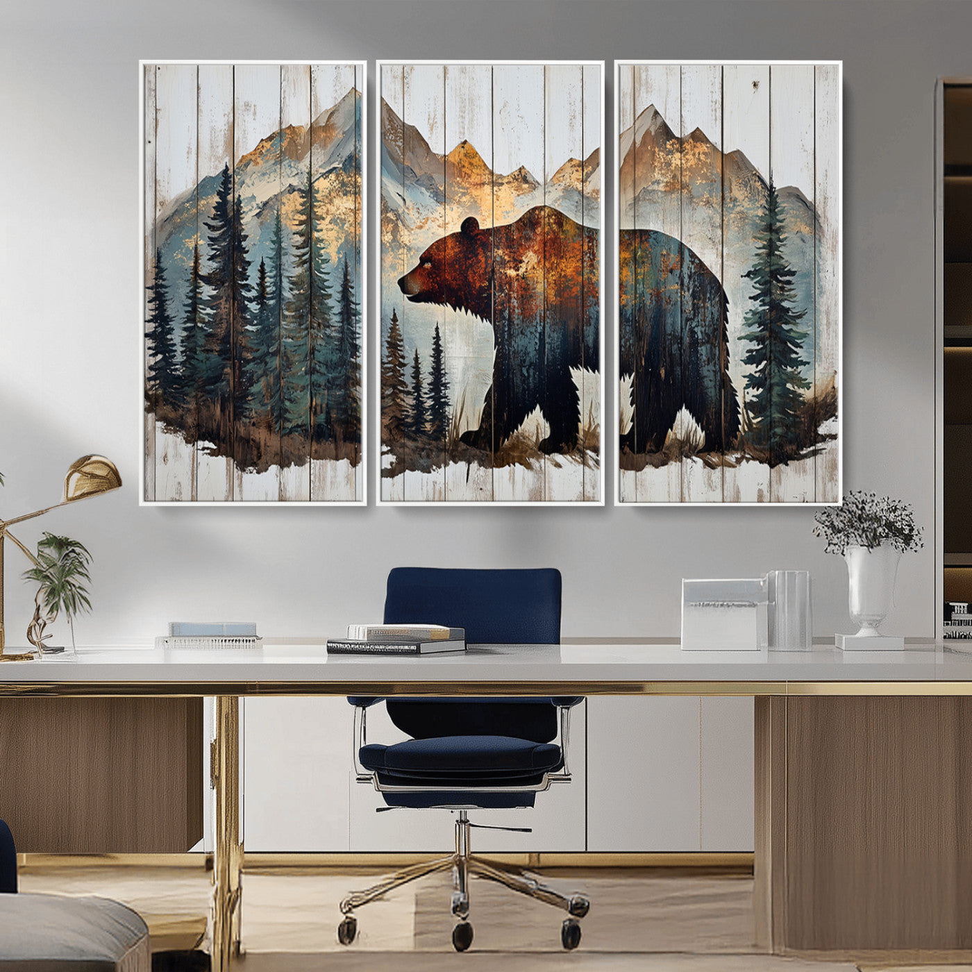 55777-MGV-CV-36X24-Rustic Bear Wall Art Canvas Print, Framed Mountain and Forest Art Picture Print, Wooden Bear Perfect Rustic Lodge Decor Artwork