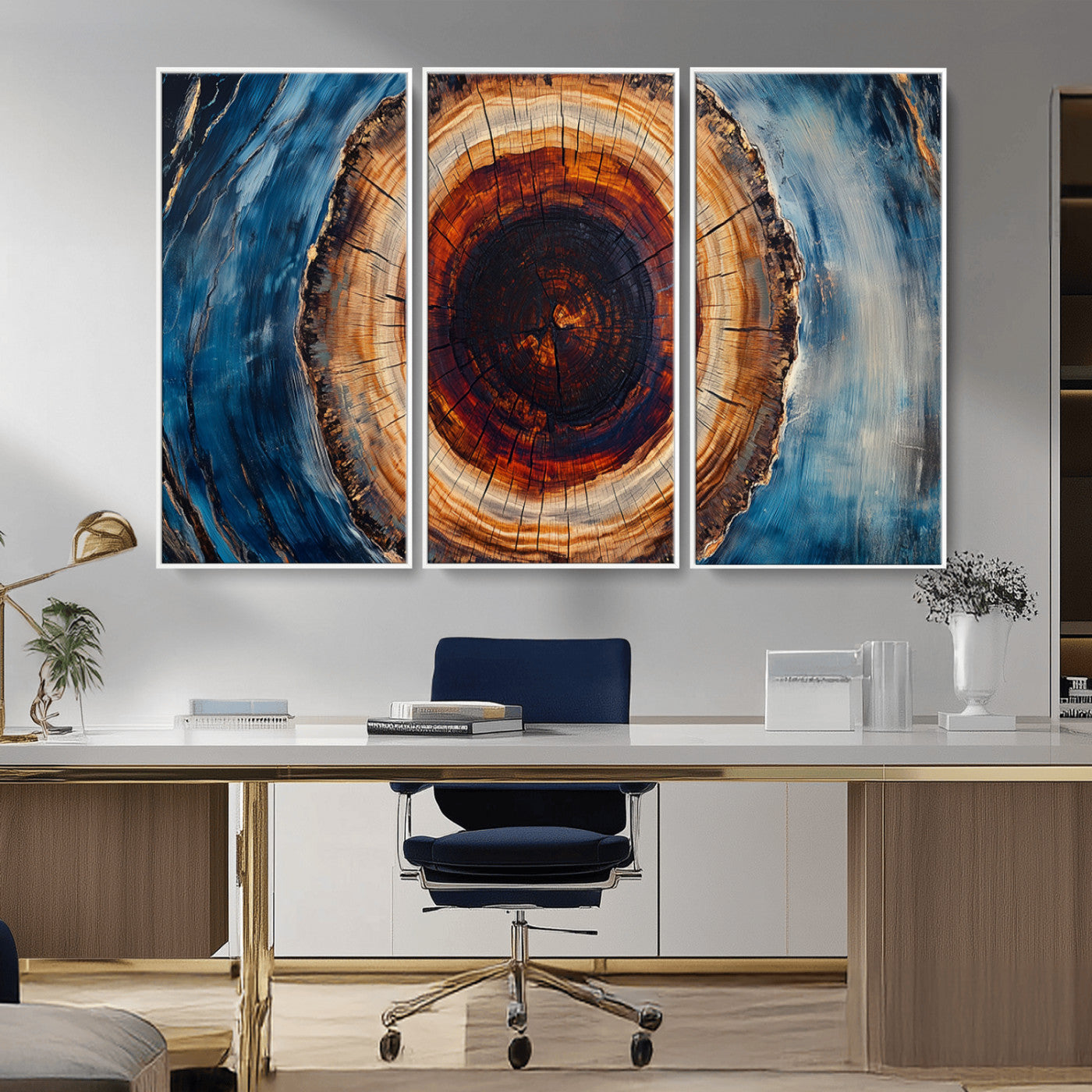30457-MGV-CV-36X24-Tree Ring Abstract Wall Art – Blue and Brown Wood Grain Canvas Print, Modern Nature Inspired Painting for Rustic Living Room,