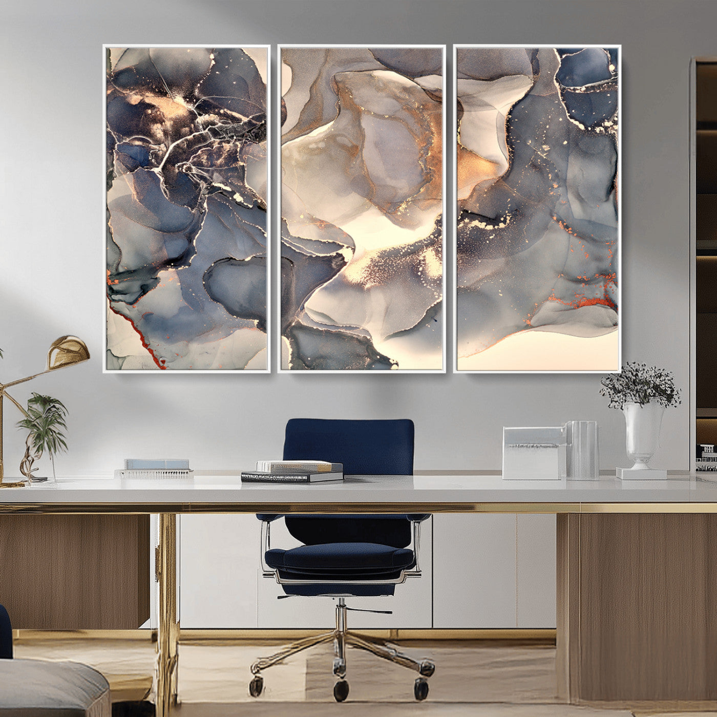 18202-MGV-FC-48X32-3P_White-Abstract Neutral Wall Art – Blue, Beige and Gold Fluid Ink Canvas Print, Modern Minimalist Painting for Living Room, Office