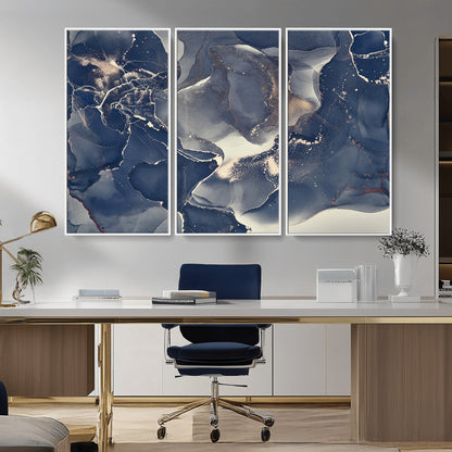 28282-MGV-CV-36X24-Blue Abstract Wall Art – Modern Ink Swirl Canvas Print, Contemporary Navy and Gold Painting for Living Room, Bedroom, Office or