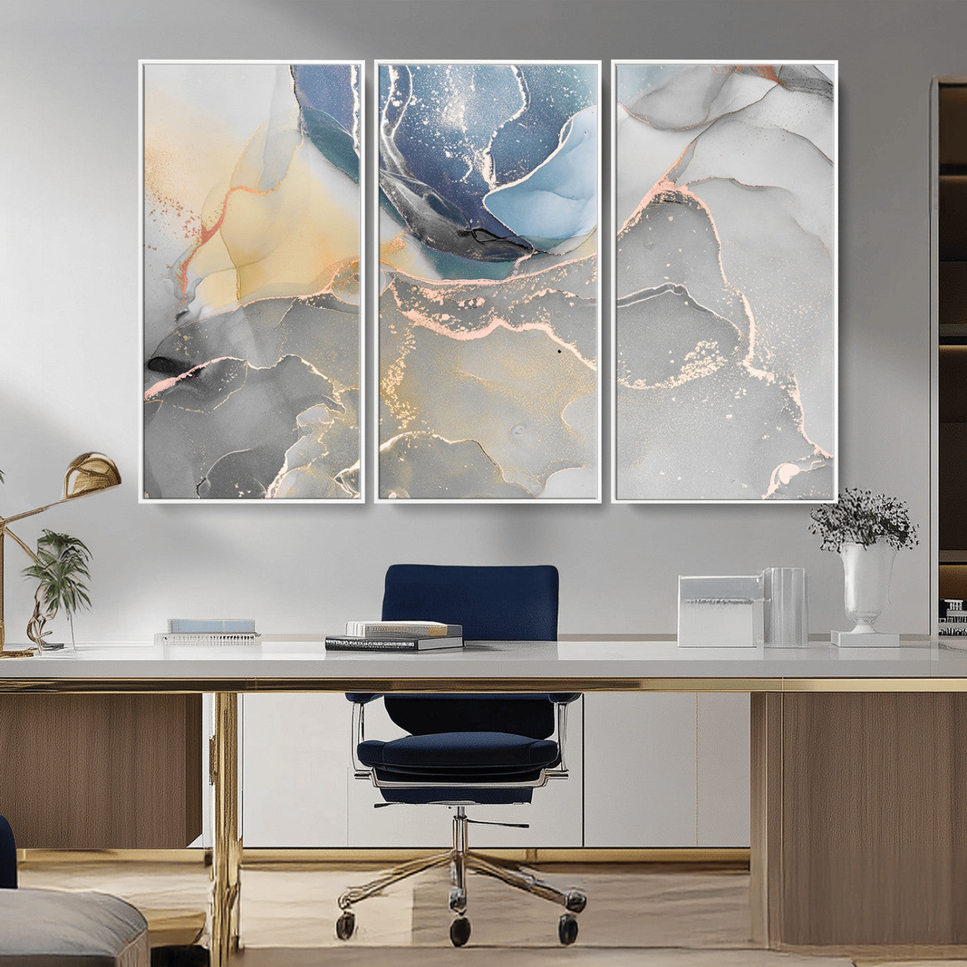 18176-MGV-FC-48X32-3P_White-Abstract Fluid Wall Art – Modern Marble Ink Canvas Print with Blue, Gold, and Gray Tones, Contemporary Minimal Artwork Decor for