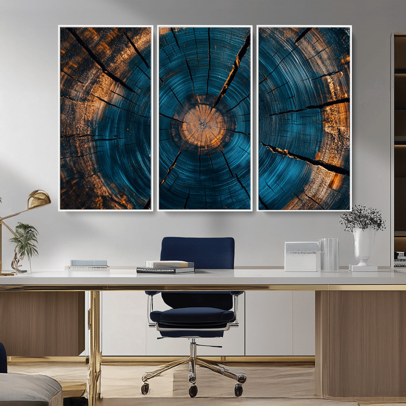 13398-MGV-CV-36X24-Tree Ring Wall Art – Abstract Wood Grain Canvas Print with Blue and Orange Accents, Rustic Nature Inspired Artwork for Living