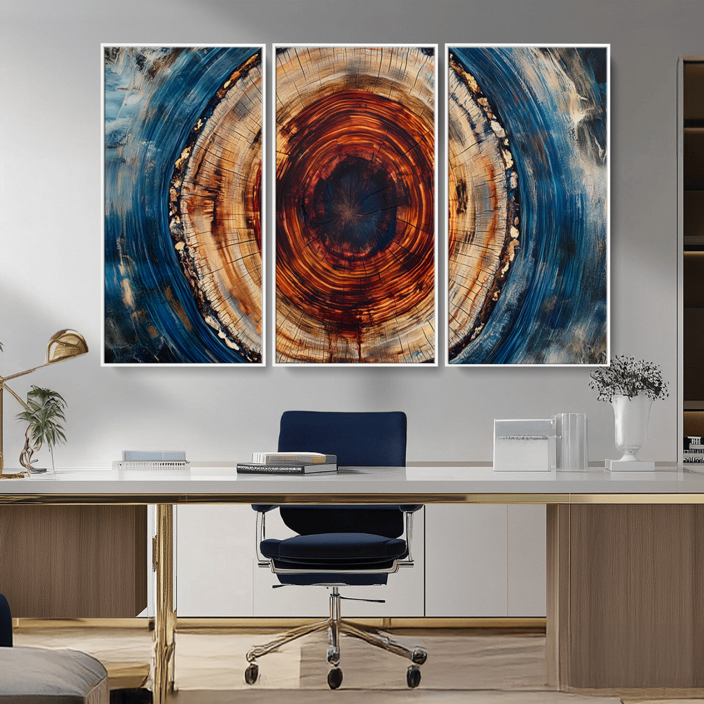 90395-MGV-CV-36X24-Tree Ring Wall Art – Abstract Wood Grain Canvas Print with Fiery Red and Blue Tones, Bold Rustic Nature Inspired Artwork Decor for