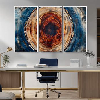 90395-MGV-CV-36X24-Tree Ring Wall Art – Abstract Wood Grain Canvas Print with Fiery Red and Blue Tones, Bold Rustic Nature Inspired Artwork Decor for