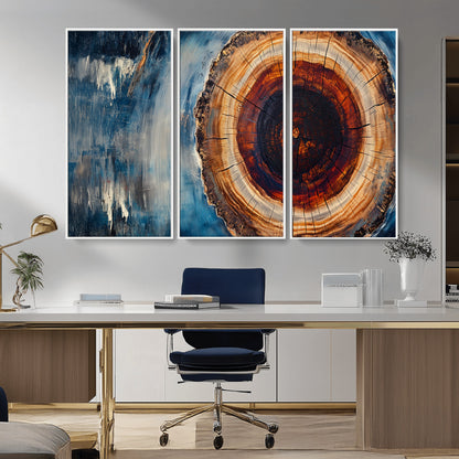 48045-MGV-FC-48X32-3P_White-Tree Ring Abstract Wall Art – Rustic Wood Grain Canvas Print with Brown Center and Blue Brush Strokes, Nature Inspired Artwork for