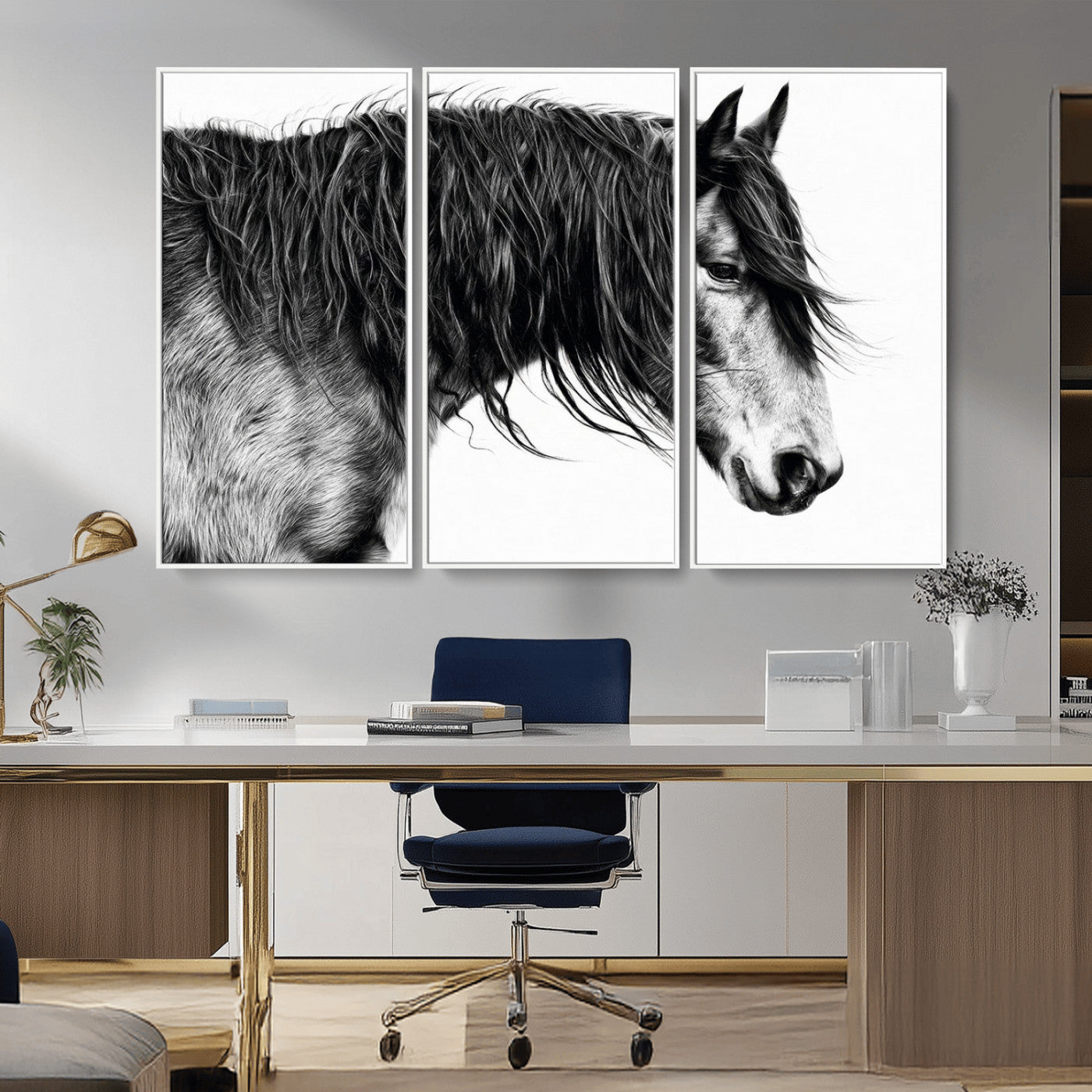 57694-MGV-CV-36X24-Horse Portrait Wall Art – Black and White Canvas Print with Detailed Stallion Profile, Rustic Farmhouse Equestrian Artwork for