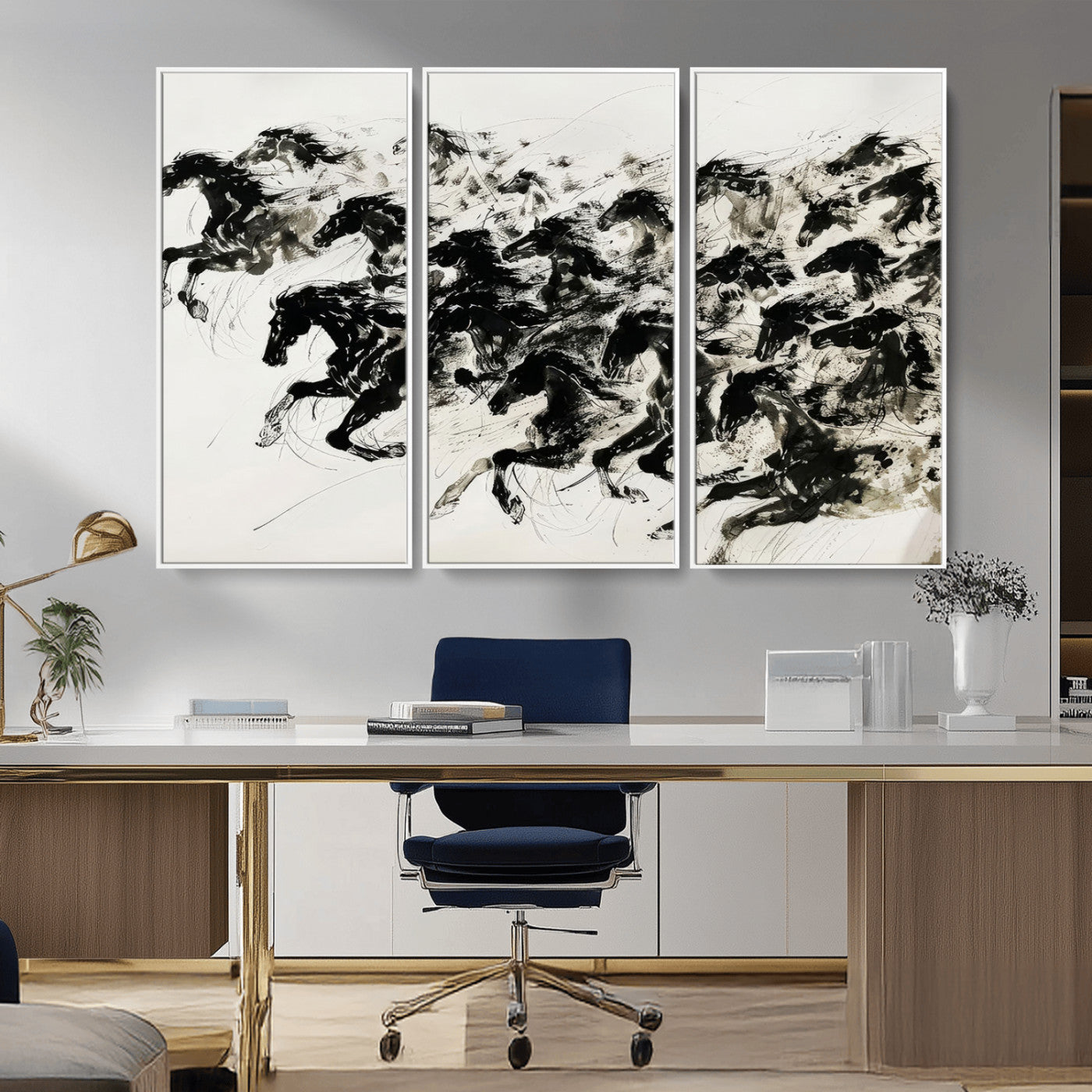 23069-MGV-CV-36X24-Galloping Horses Wall Art – Black Ink Painting on Canvas, Dynamic Equestrian Artwork with Running Stallions, Expressive Modern