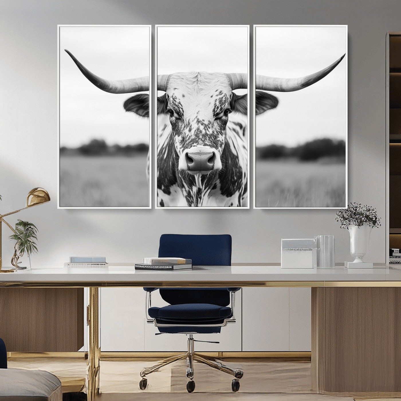 20272-MGV-CV-36X24-Highland Cow Wall Art – Black and White Western Longhorn Canvas Print, Farmhouse Living Room Decor Southwestern Animal Artwork for