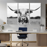 20272-MGV-FC-48X32-3P_White-Texas Longhorn Wall Art – Black and White Cowboy Western Canvas Print, Rustic Farmhouse Cattle Photography Decor for Ranch, Barn