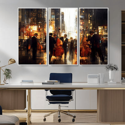 58782-MGV-CV-36X24-Jazz Musicians Cityscape Wall Art – Vibrant Urban Night Canvas Print, Elegant Music Themed Decor for Living Room, Office, or Music
