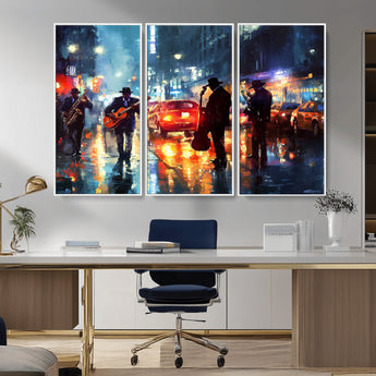 94605-MGV-CV-36X24-City Jazz Night Wall Art – Vibrant Music Canvas Print Featuring Saxophone, Guitar and Bass Players, Urban Street Scene Artwork for