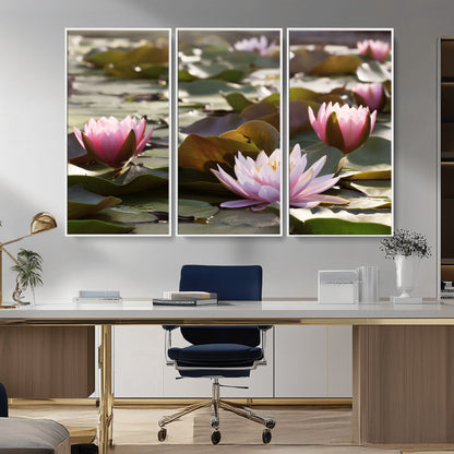 72218-MGV-CV-36X24-Water Lily Pond Wall Art – Pink Lotus Flowers Canvas Print with Green Lily Pads, Peaceful Botanical Artwork for Living Room,