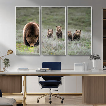 65087B-MGV-CV-36X24-Bear Family Wall Art – Wildlife Canvas Print Featuring Mother Bear with Cubs in Nature, Rustic Animal Artwork for Living Room,