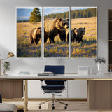 43400-MGV-CV-36X24-Bear Family Wall Art – Wildlife Canvas Print of Mother Bear with Cubs in Sunlit Meadow, Rustic Animal Artwork for Living Room,