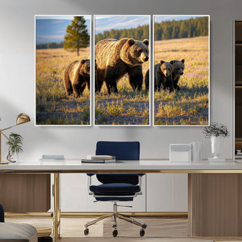 43400-MGV-CV-36X24-Bear Family Wall Art – Wildlife Canvas Print of Mother Bear with Cubs in Sunlit Meadow, Rustic Animal Artwork for Living Room,
