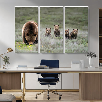40555-MGV-FC-48X32-3P_White-Bear Family Wall Art – Wildlife Canvas Print of Mother Bear with Four Cubs in Nature, Rustic Animal Artwork for Living Room,
